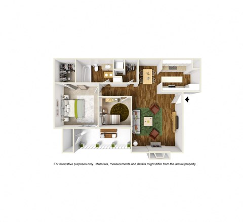 3D rendering furnished of D5 floor plan, 2bed, 2bath and 801sqft, at Windridge on the Parkway in Dallas, TX